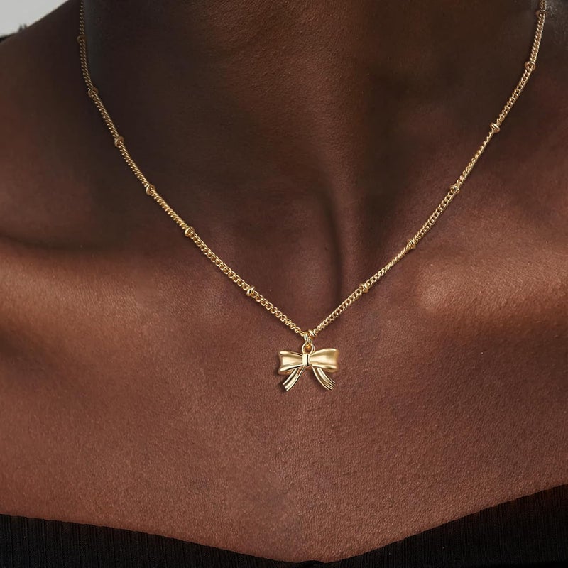 Risamil Store 14K Gold Plated Necklace for Women - Bow Necklace - Dainty Necklace Cute Small Tiny Bow Pendant Choker Chain Necklace Trendy Necklaces for Women Jewelry Gift - Image 2